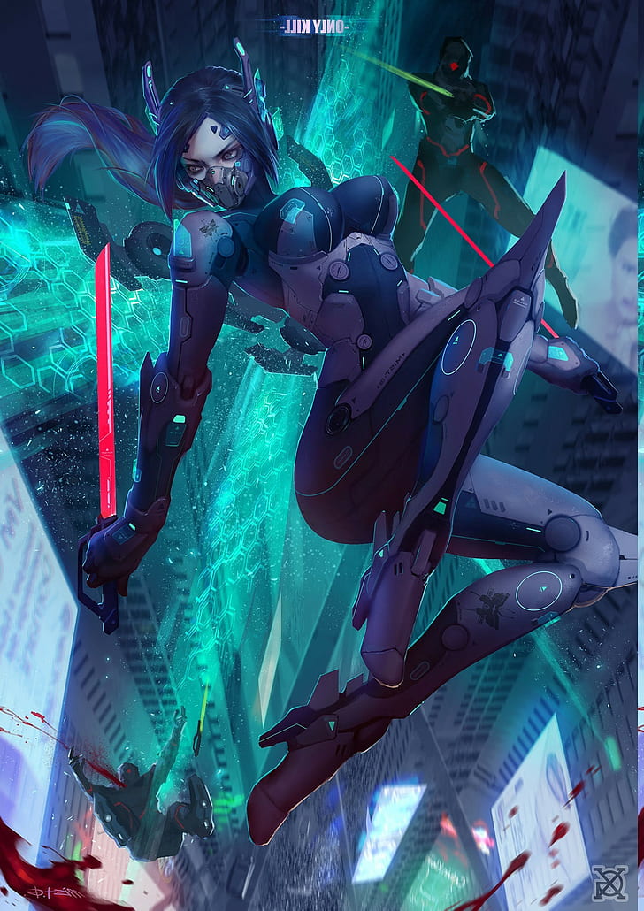 Anime Girls Cyberpunk Warrior Blood, One Person, Real - HD Wallpaper 