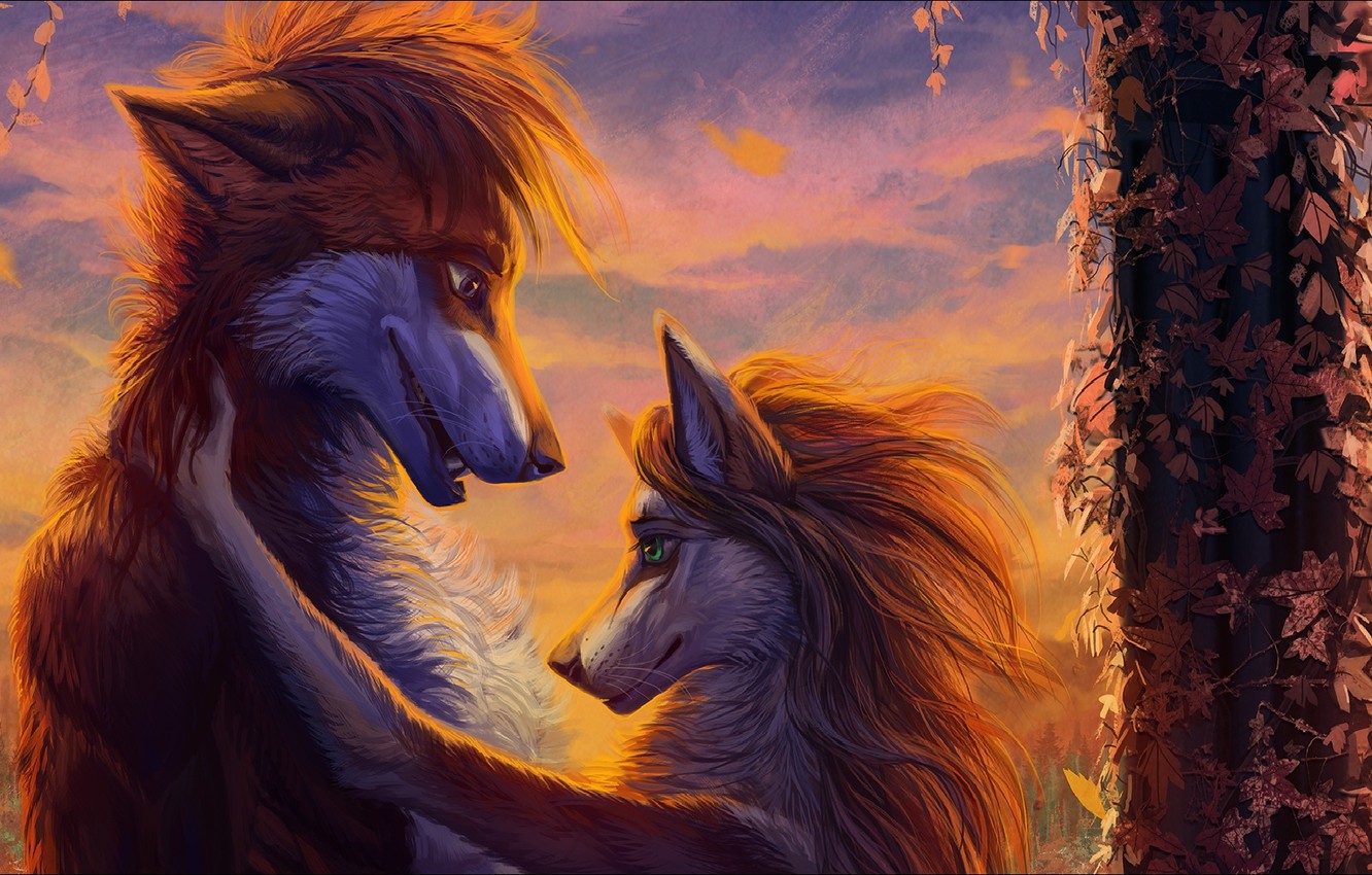 Photo Wallpaper Love, Fantasy, Art, Two, Painting, - Two Wolves In Love - HD Wallpaper 
