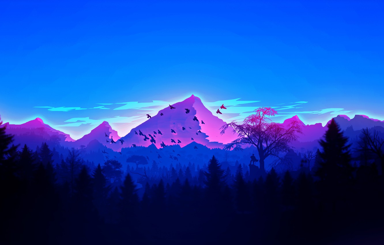 Photo Wallpaper Forest, Landscape, Sky, Trees, Nature, - Vaporwave Mountains - HD Wallpaper 