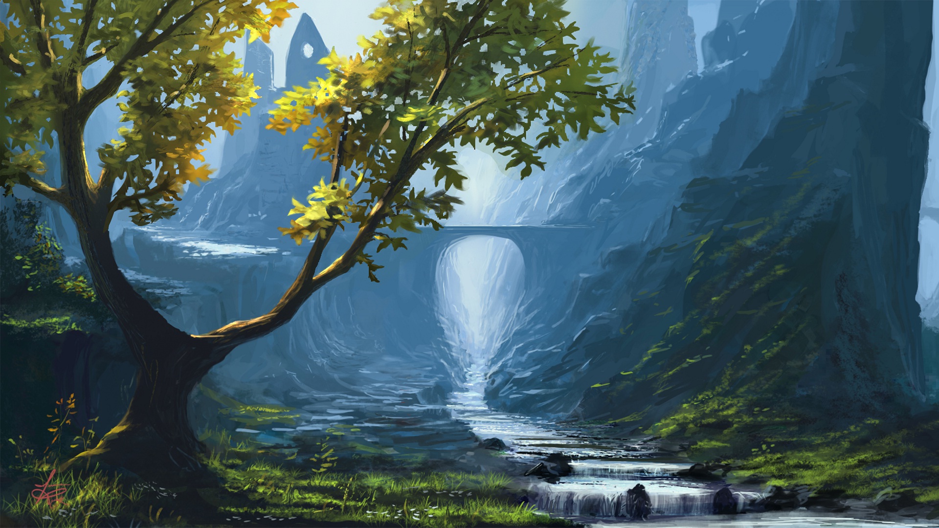Ruins, Tree, Stones, River, Rocks, Nature, Art, Bridge - Nature Art  Wallpaper River - 970x550 Wallpaper 