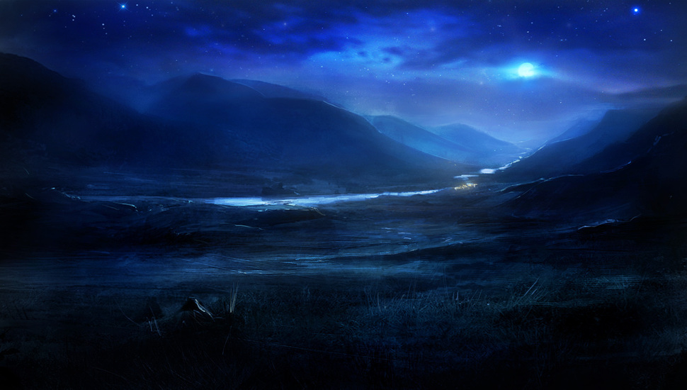 Nature, Art, Stars, Hills, The Moon, Night, River Desktop - River At Night Art - HD Wallpaper 