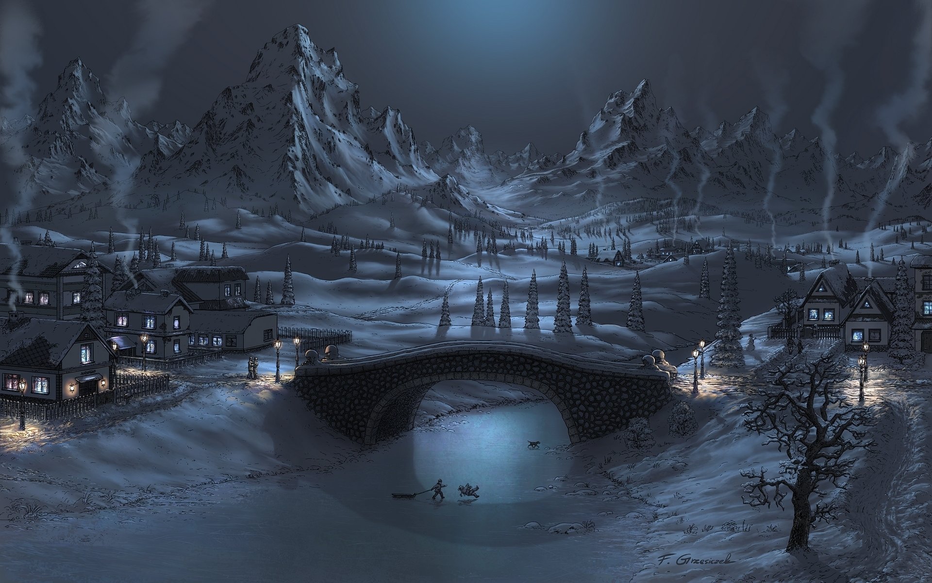 Download Hd Cool Winter Art Pc Wallpaper Id - Winter Village At Night - HD Wallpaper 