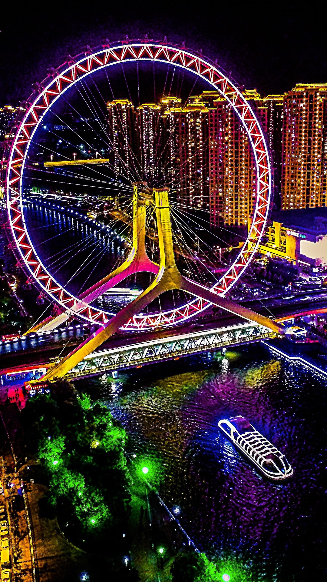 Iphone Wallpaper Tianjin, City Night, Ferris Wheel, - Tianjin Zhiyan - HD Wallpaper 