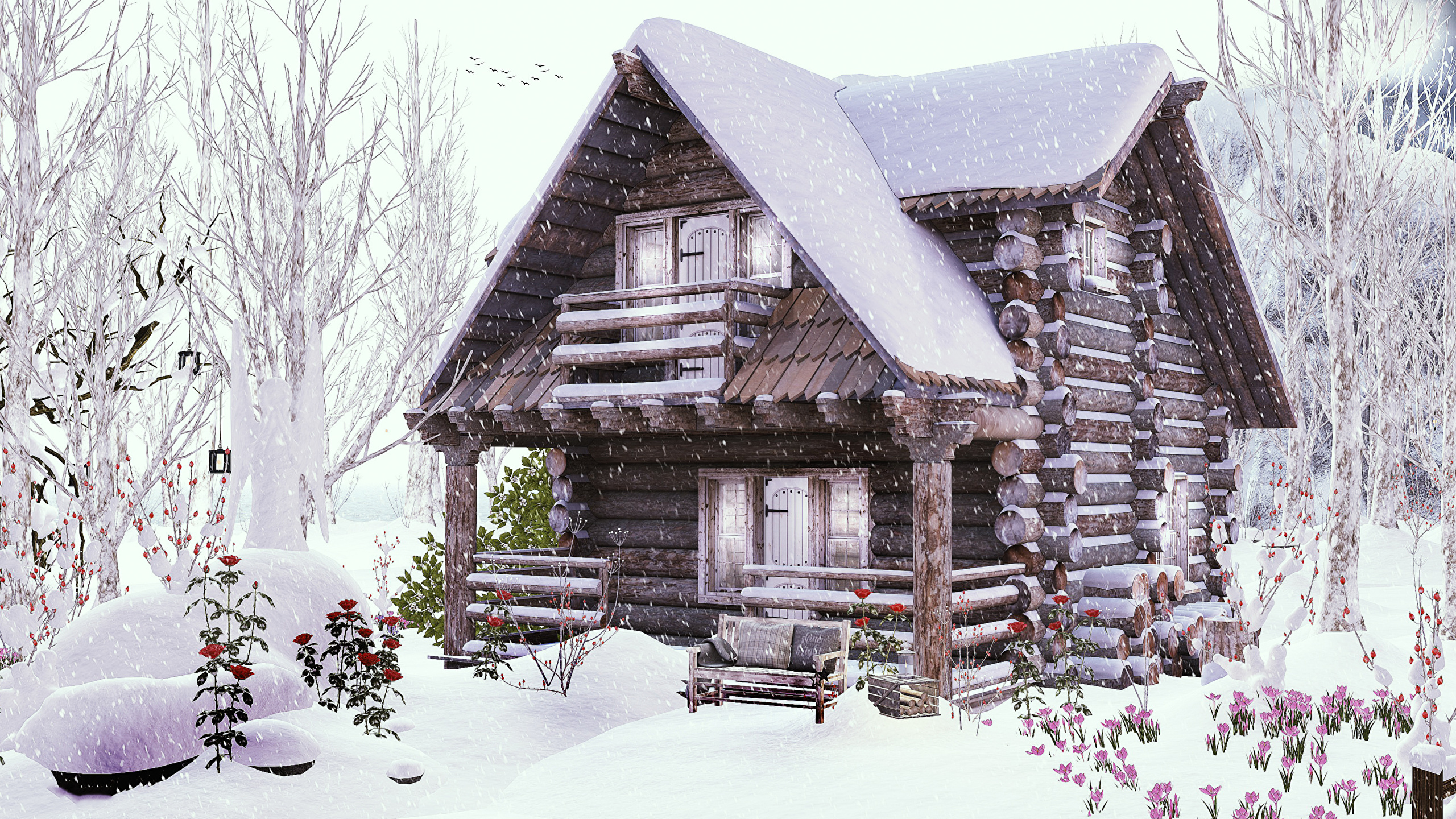Wooden House Snow - HD Wallpaper 