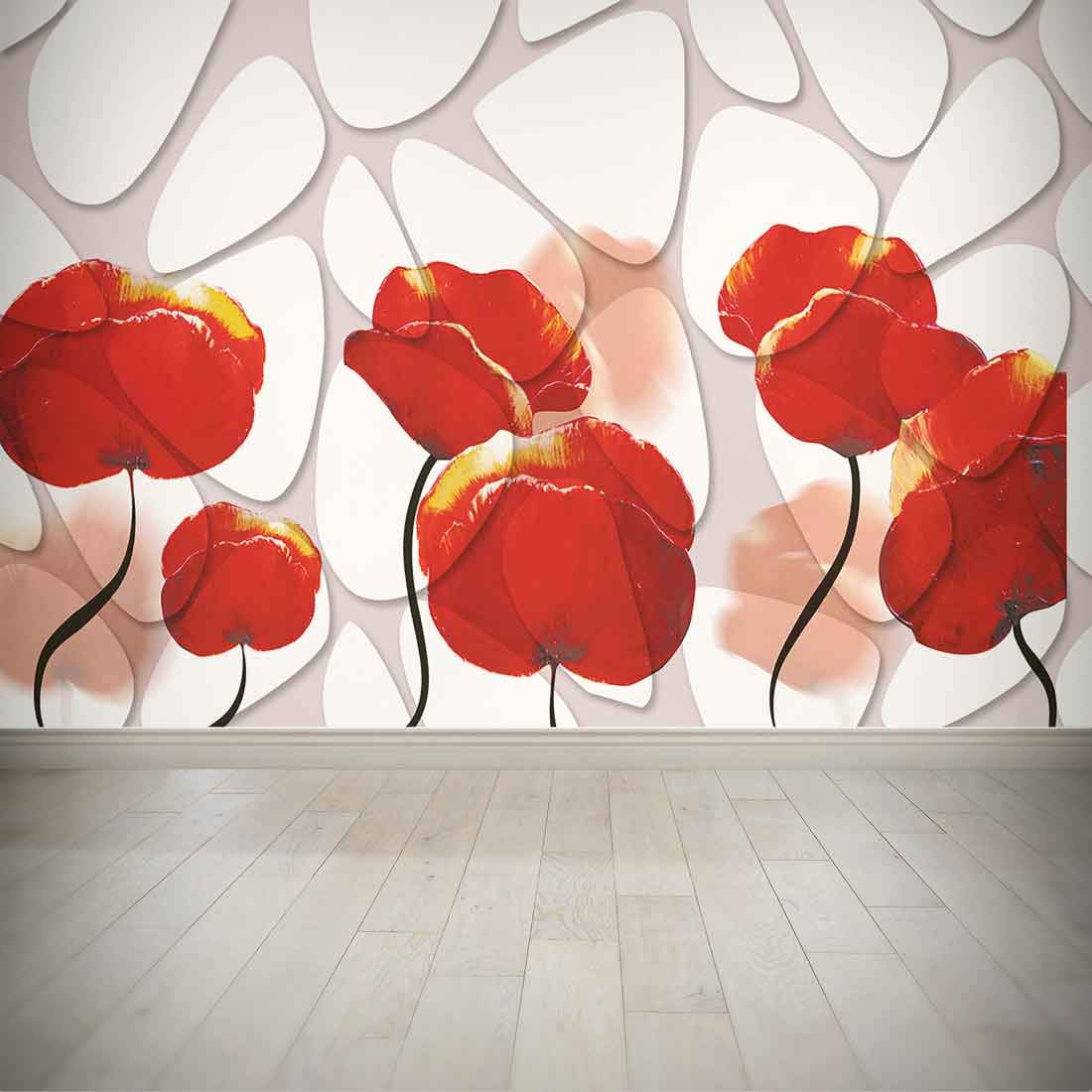 Nish 3d Wallpaper Mural - Carta Da Parati 3d Con Fiori Rossi - HD Wallpaper 