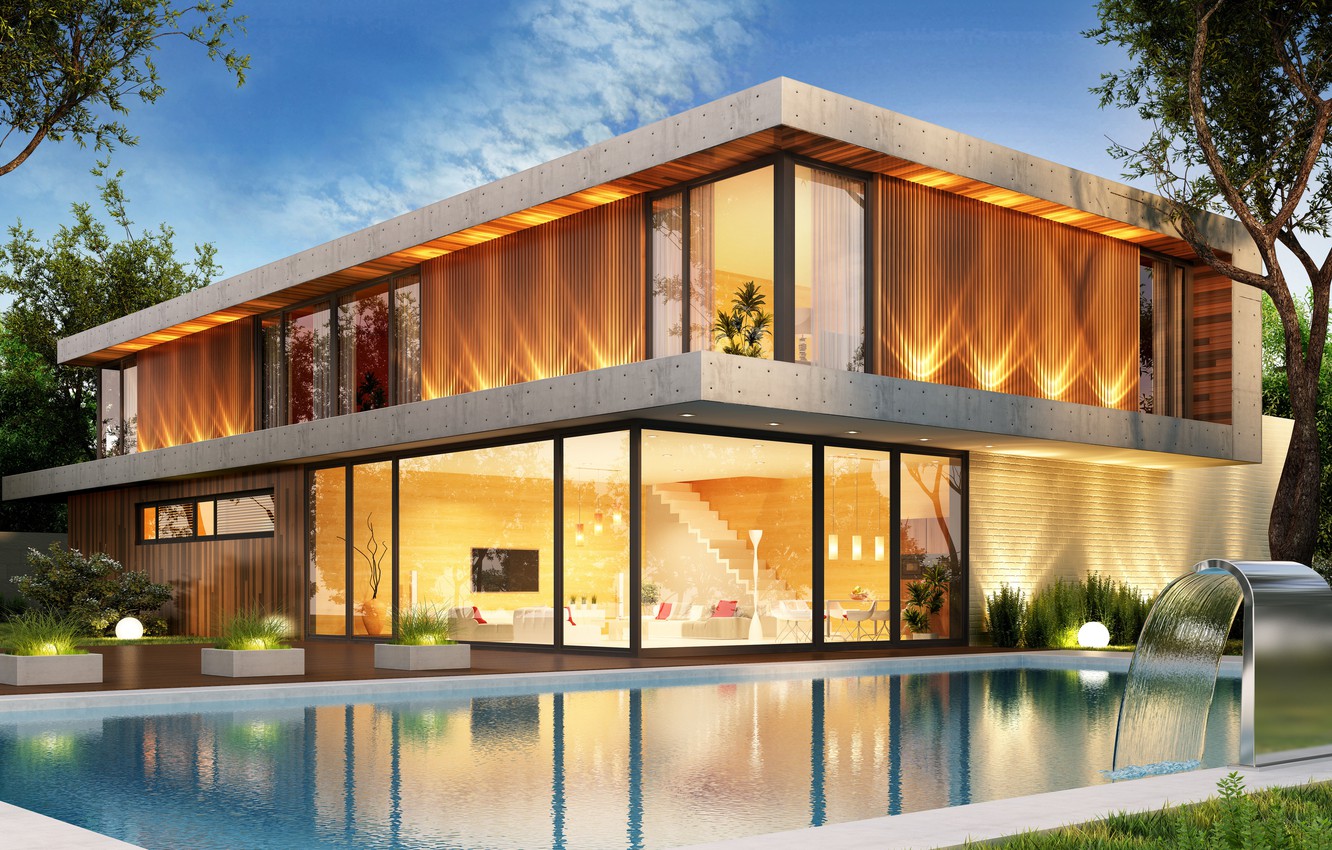 Photo Wallpaper Design, House, Pool, Modern, Houses, - Yellow Light In House - HD Wallpaper 