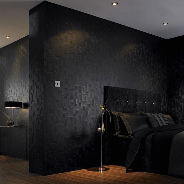 Modern , House, Black Wall, Yellow Flower, Lights, - Black Wallpaper Room Ideas - HD Wallpaper 
