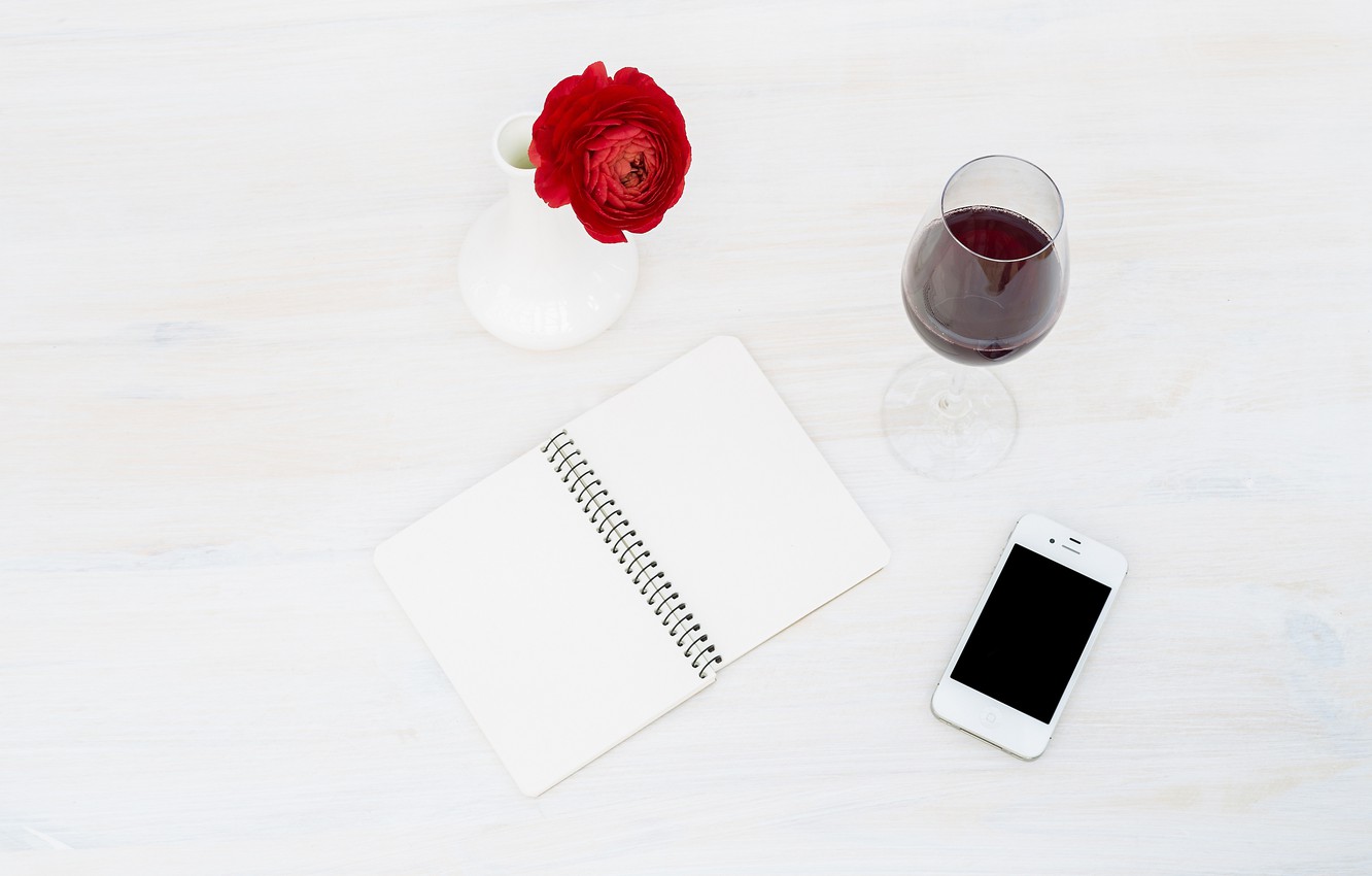 Photo Wallpaper Flower, Wine, Glass, Notepad, Phone - Smartphone - HD Wallpaper 