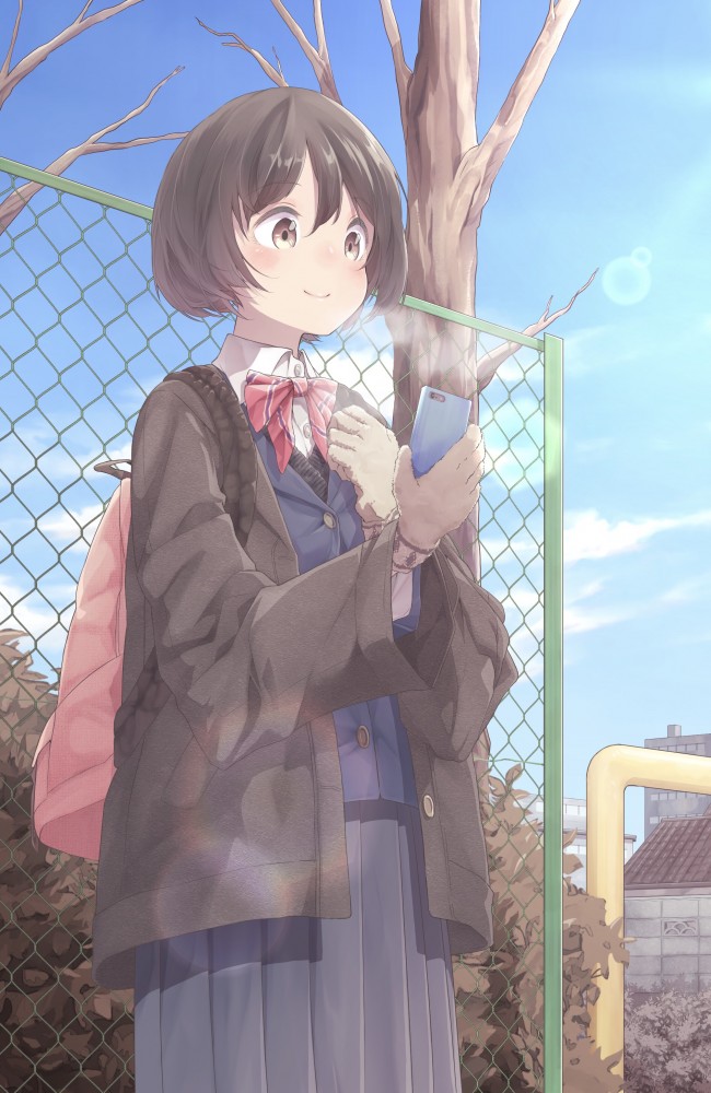 Anime School Girl, Fence, Short Hair, Smartphone - Anime School Girl Short Hair - HD Wallpaper 