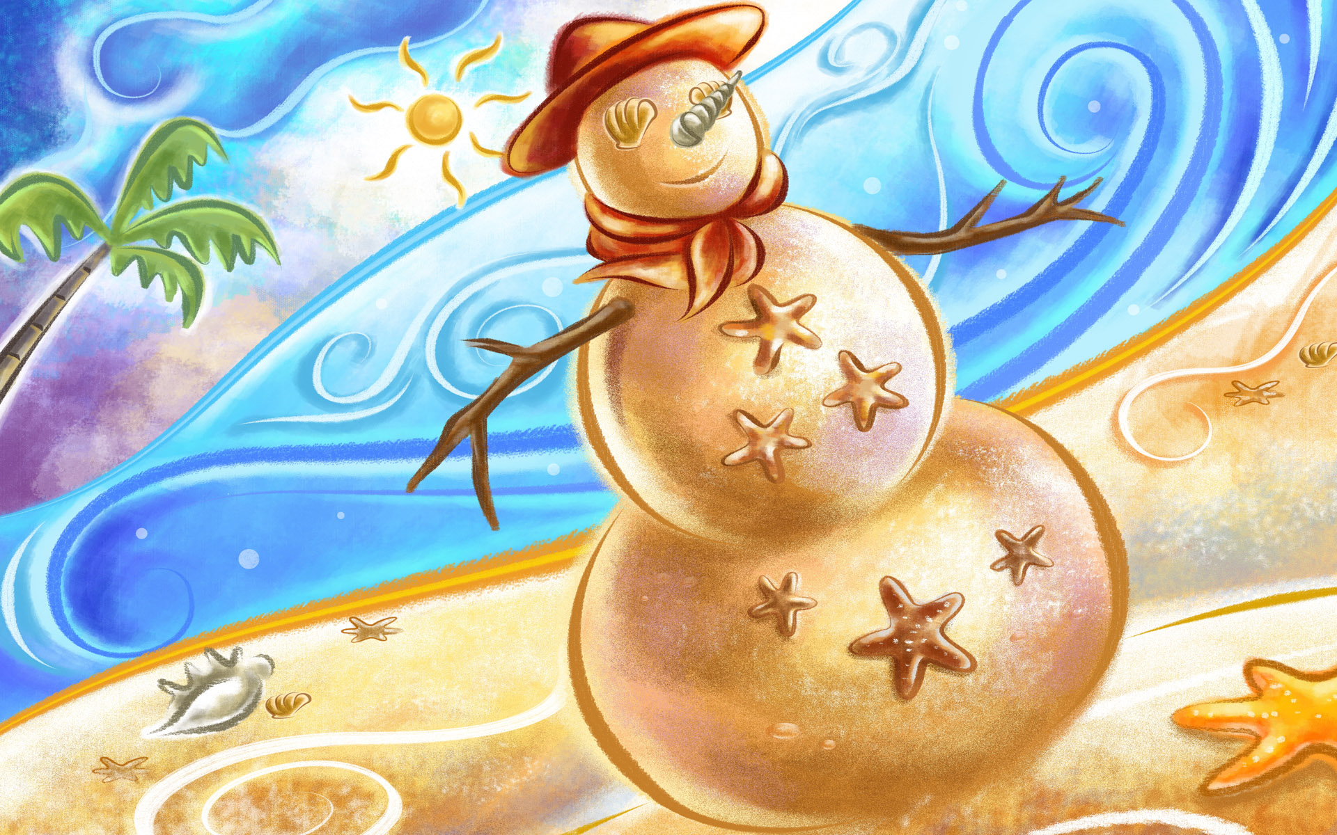 Snowman On Beach Cartoon - HD Wallpaper 
