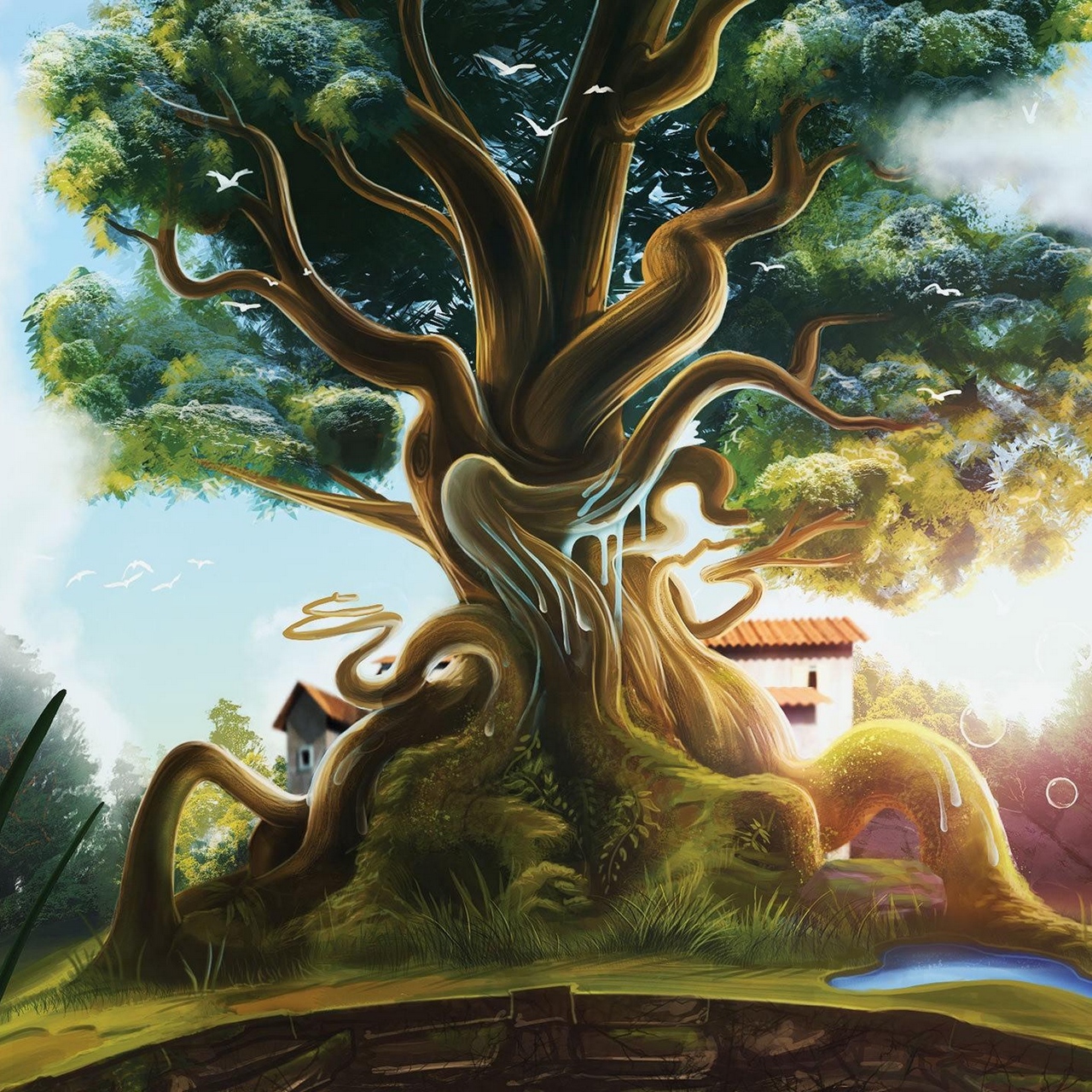 Wallpaper Tree, House, Water, Bubbles, Grass, Nature - David Fuhrer Art - HD Wallpaper 