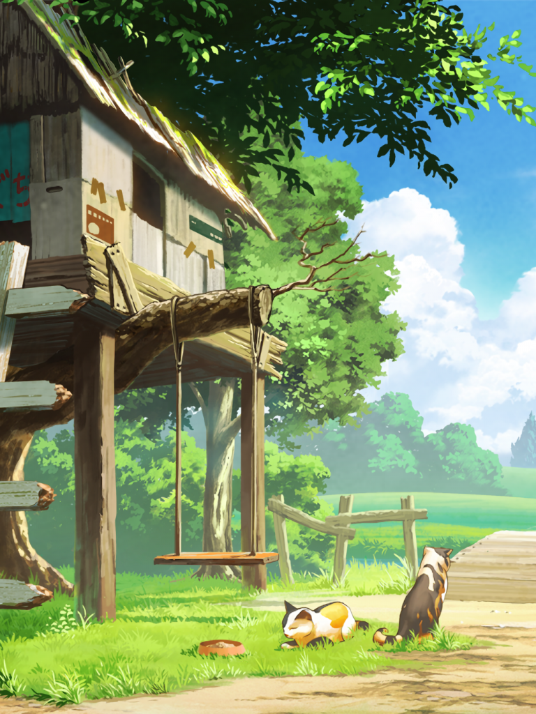 Anime Landscape, Tree House, Cats, Clouds, Scenic - Scenery With Tree House - HD Wallpaper 