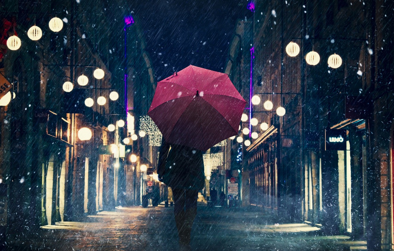 Photo Wallpaper City, Umbrella, Night, Rain, Silhouette - Background Night Street - HD Wallpaper 