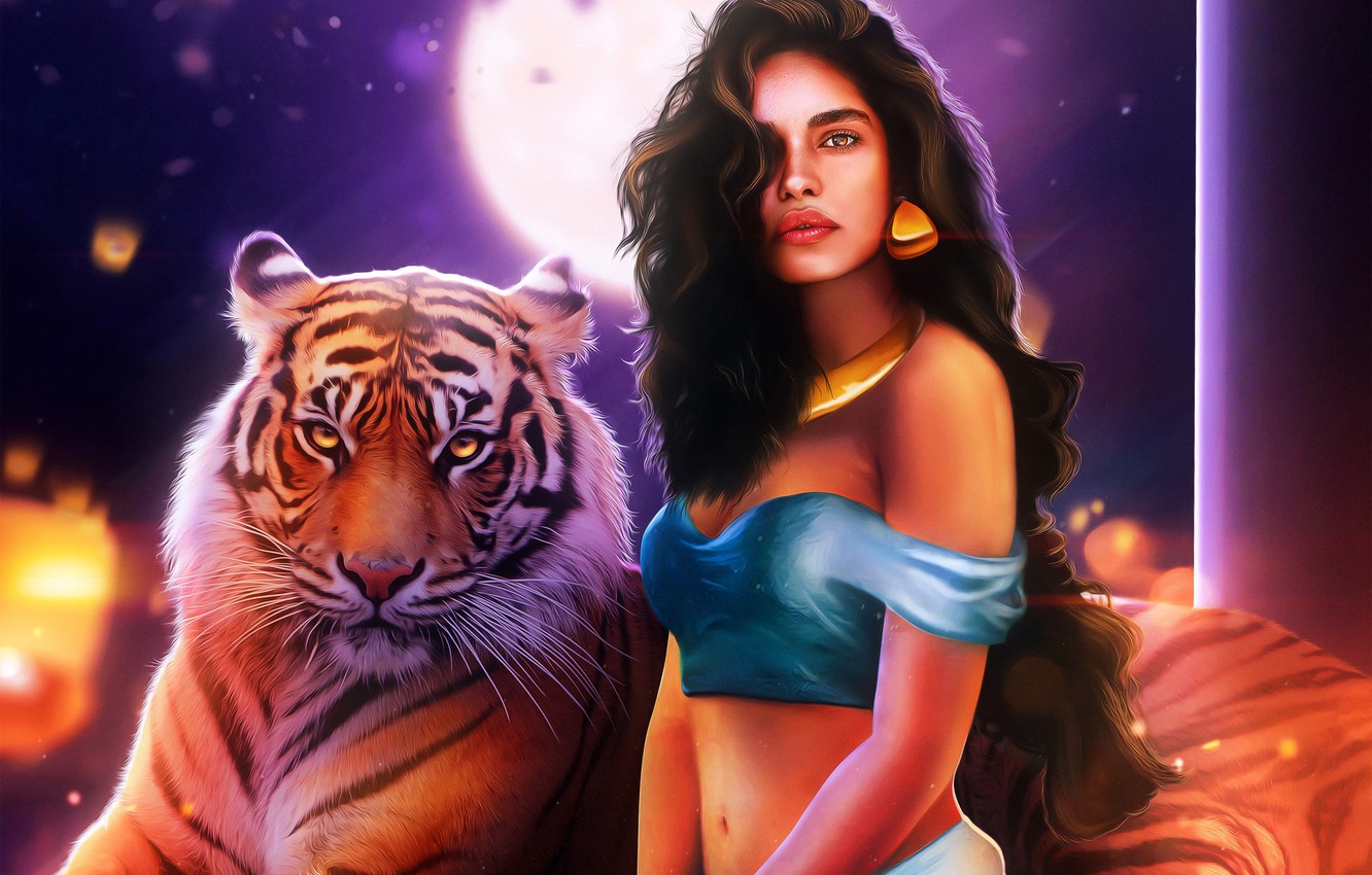 Photo Wallpaper Girl, Tiger, Fantasy, Art, Art, Jasmine, - Tigre De Bengala Atacando - HD Wallpaper 