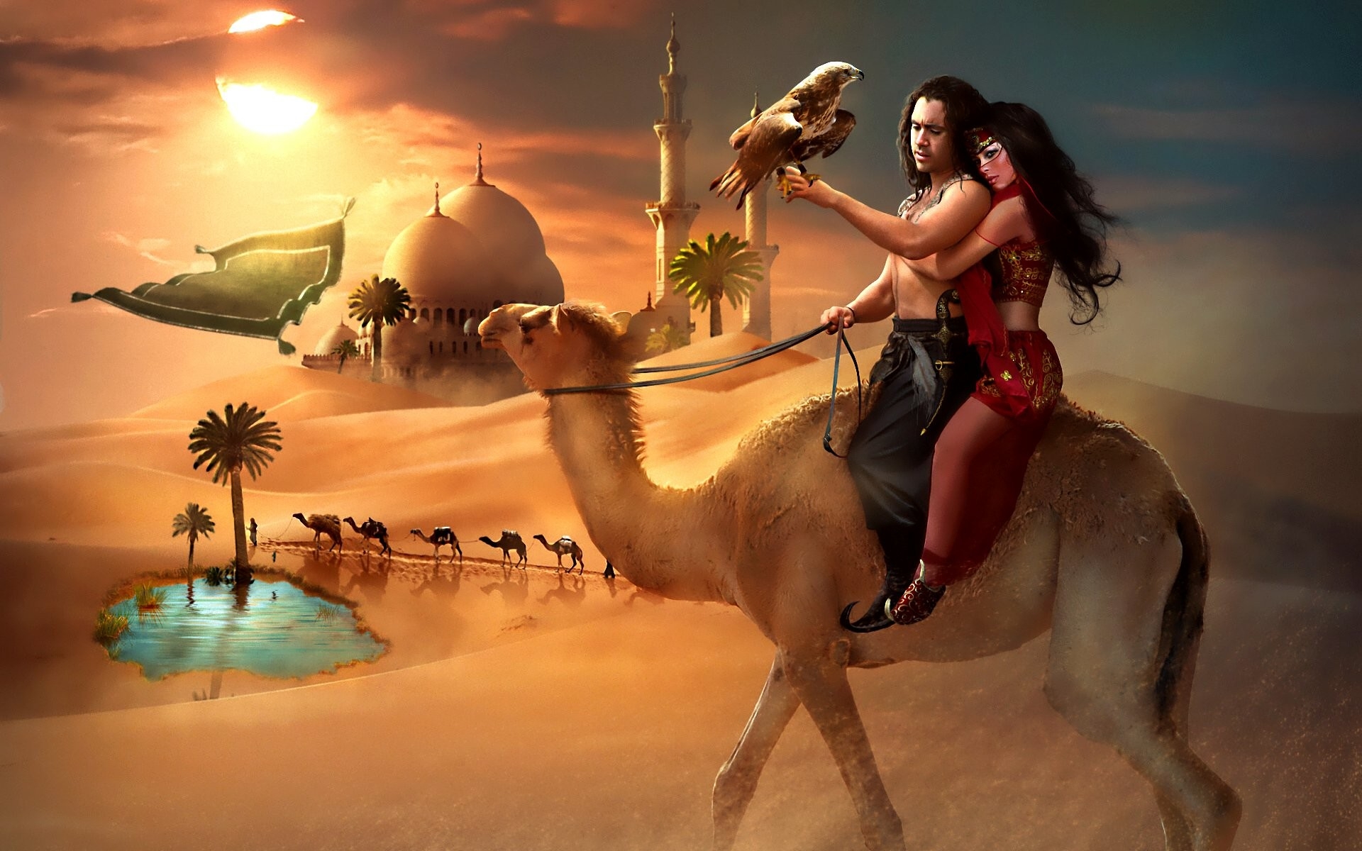 Couple In Desert Oasis - HD Wallpaper 