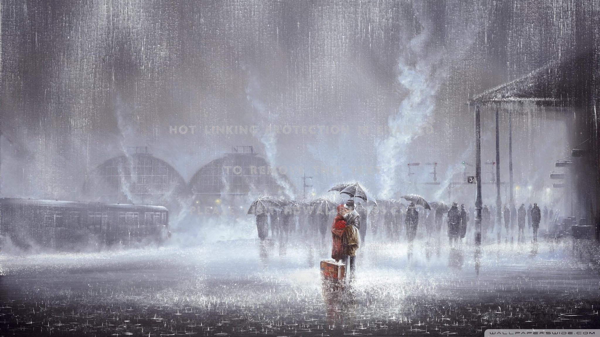 Kissing The Rain Train Station Couple Anime - Raining Hd Image Animation - HD Wallpaper 