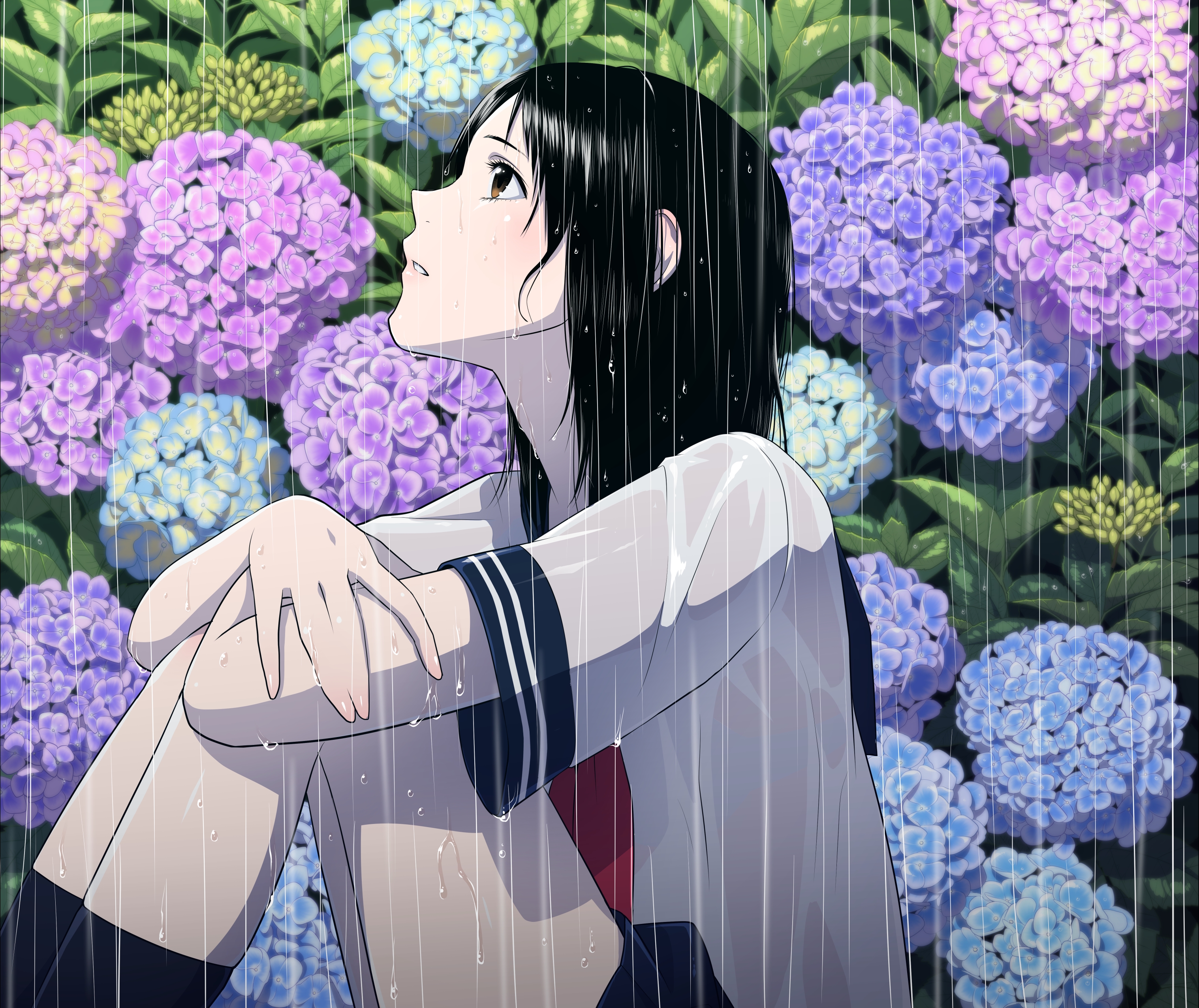 Anime Girl, Raining, Sitting, School Uniform, Black - HD Wallpaper 