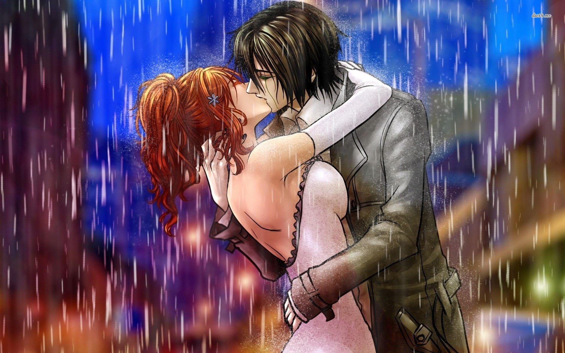 Romantic Anime Couple Kiss - HD Wallpaper 