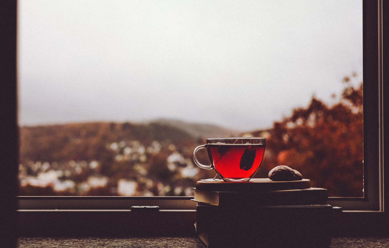 Photo Wallpaper Cup, Window, Village, Tea, Cloudy, - Cup Of Tea Window - HD Wallpaper 