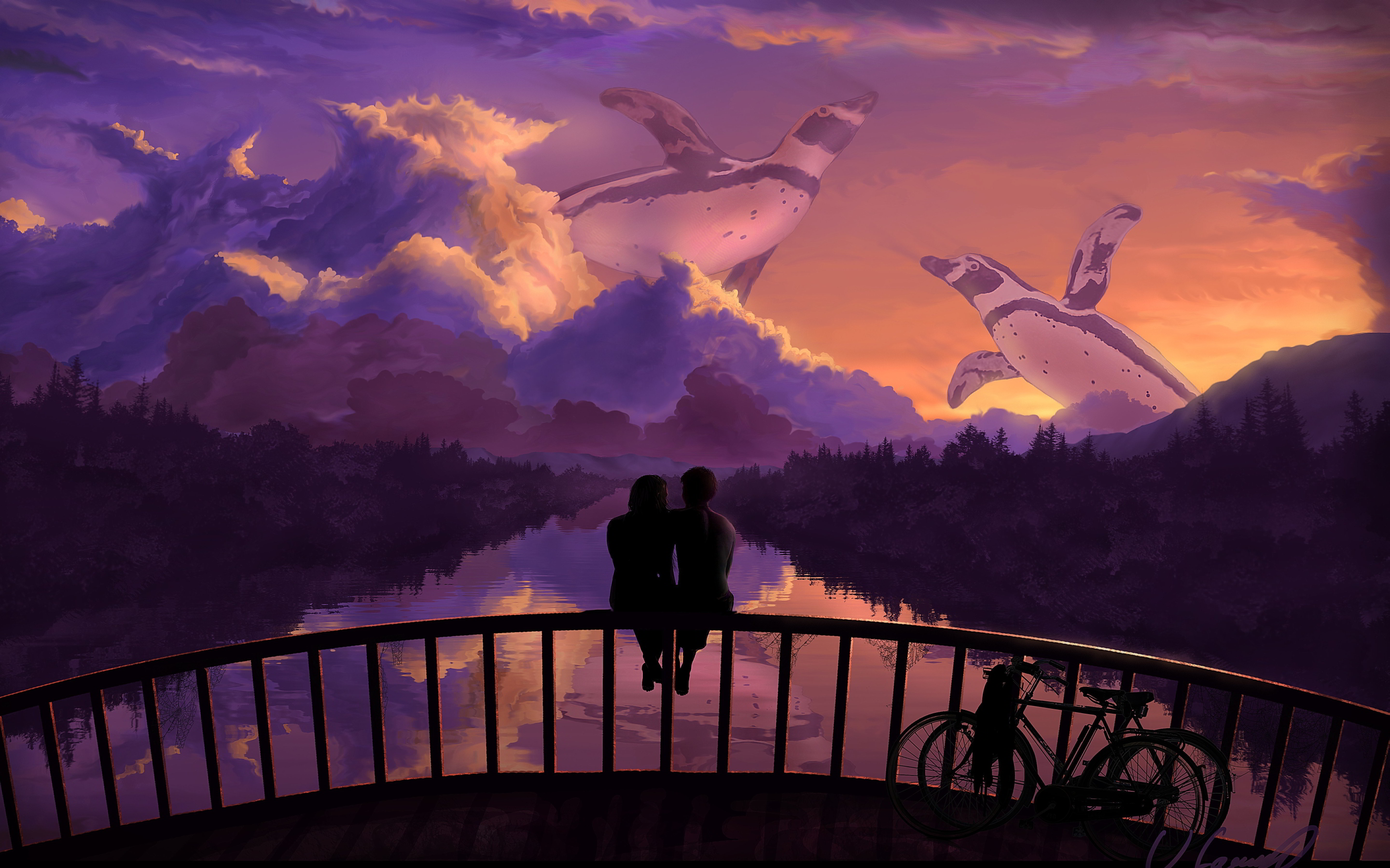 Romantic Couple Bridge Sunset Art - HD Wallpaper 