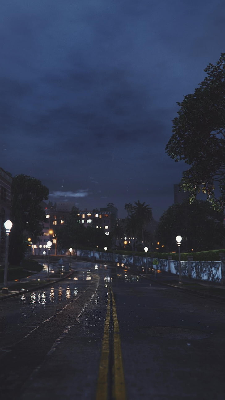 Rain, Road, Lights, Night Sky, City, Hd Wallpaper - Rainy City Wallpaper Phone - HD Wallpaper 