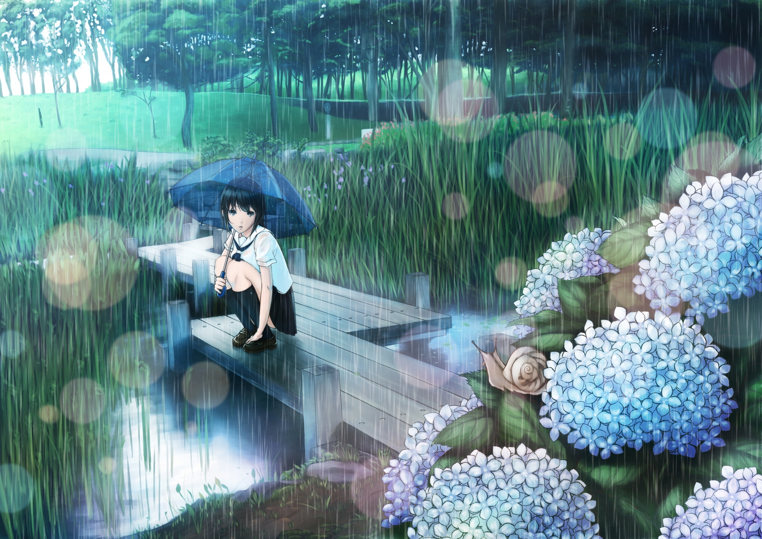 Animal Black Eyes Black Hair Flowers Grass Hyp Kneehighs - Anime Girl In Rain - HD Wallpaper 