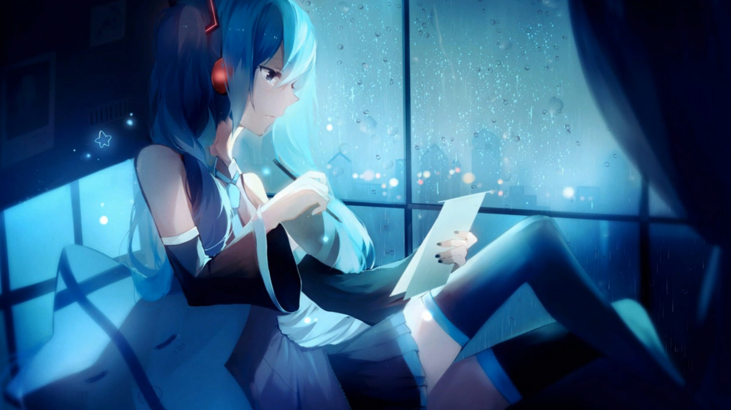 Anime Hatsune Miku Long Hair Headphone Rain Free Anime - Anime Girl Crying Rain - HD Wallpaper 
