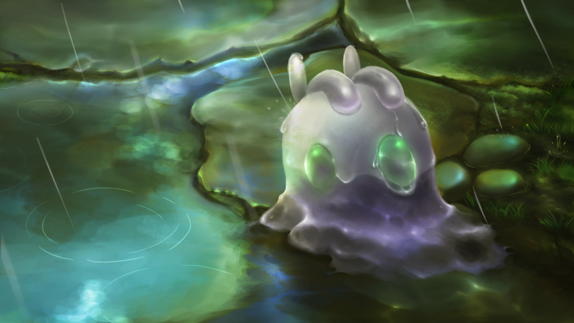 Pokemon, Goomy, Raining, Artwork - Rain Wallpaper Pokemon - HD Wallpaper 