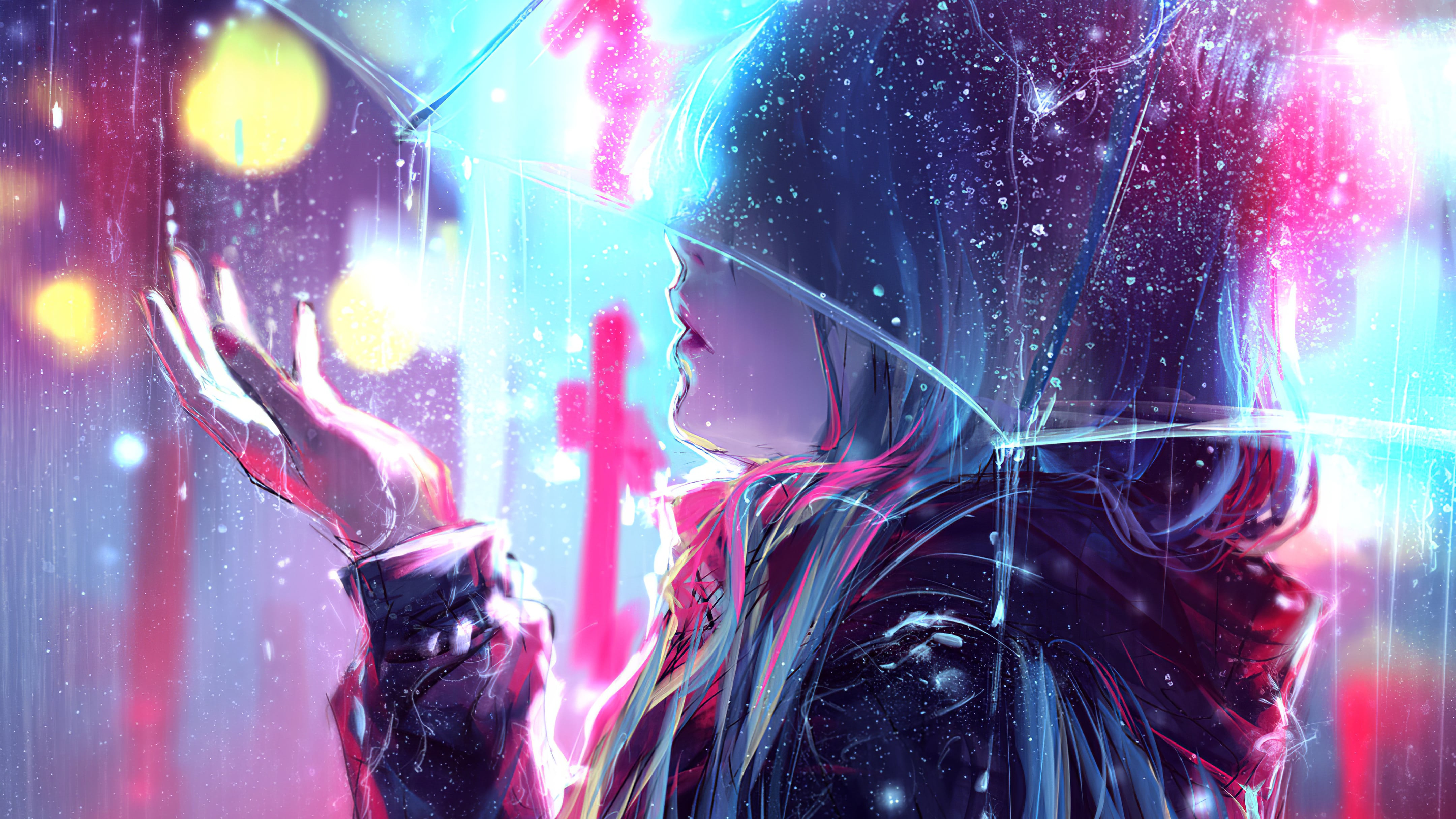 Wallpaper Of Girl, Rain, Umbrella, Yuumei Background - Anime Girl Neon Lights - HD Wallpaper 