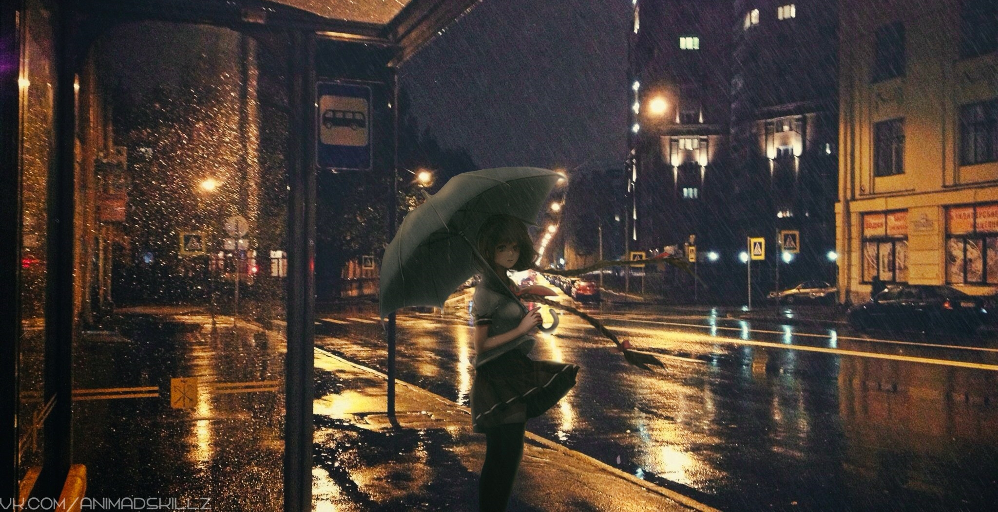 Anime Girl Rain Night - HD Wallpaper 