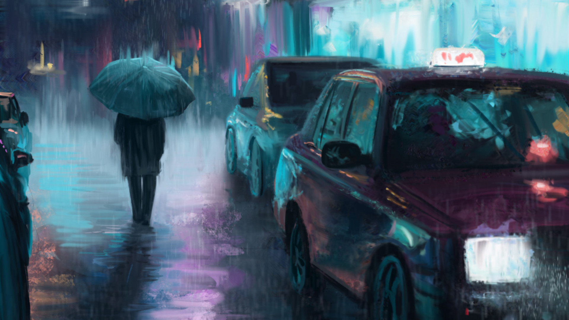 Night City Rain Art - HD Wallpaper 
