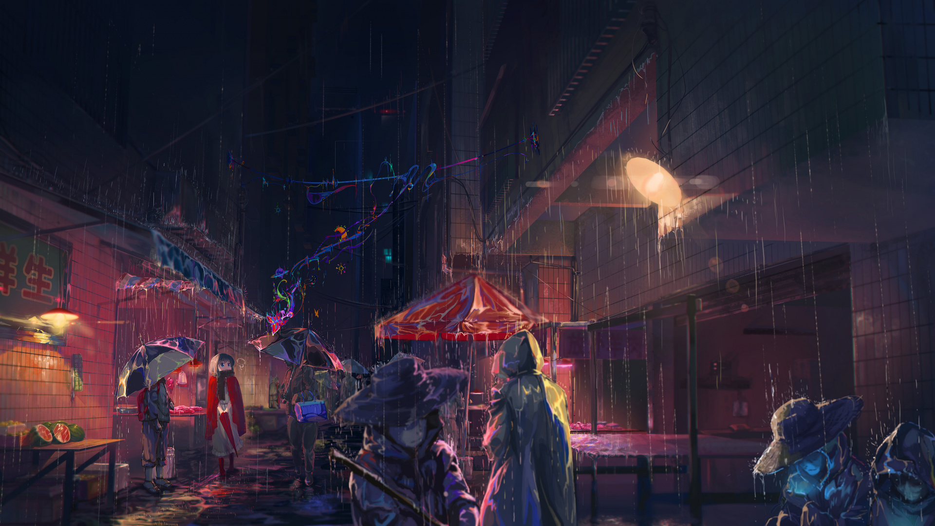 Rain, Anime Girl, Umbrella, Art, Original, Wallpaper - Anime Rain Night  City - 1920x1080 Wallpaper 