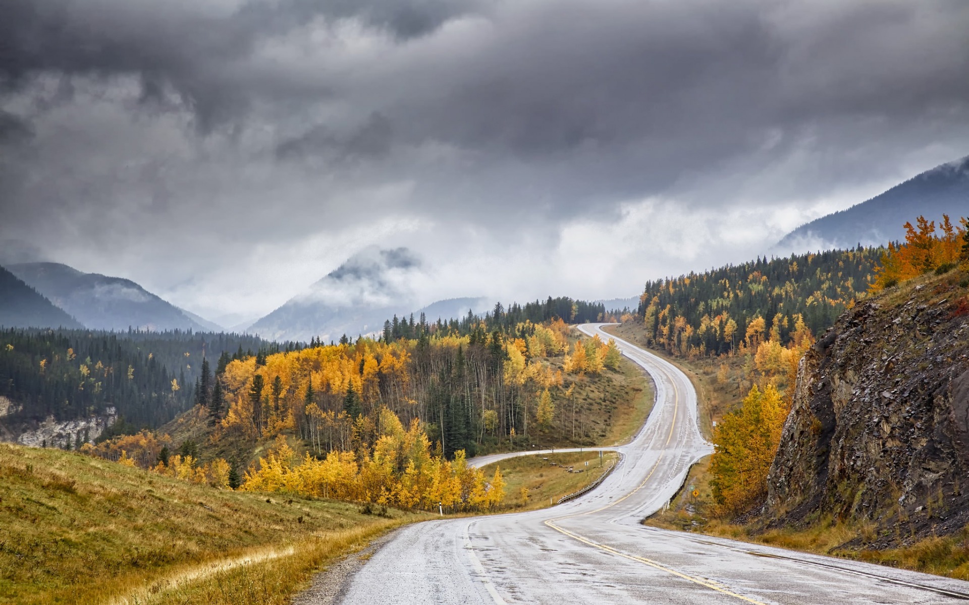 Autumn, Mountains, Forest, Valley, Mountain Tops, Fog, - Road In Mountain Forest - HD Wallpaper 