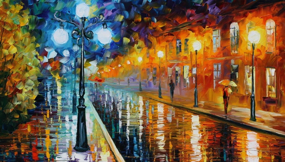 Road, Home, Weather, Rainy, Lantern, People, Leonid - Rainy Street Paris  Painting - 970x550 Wallpaper 