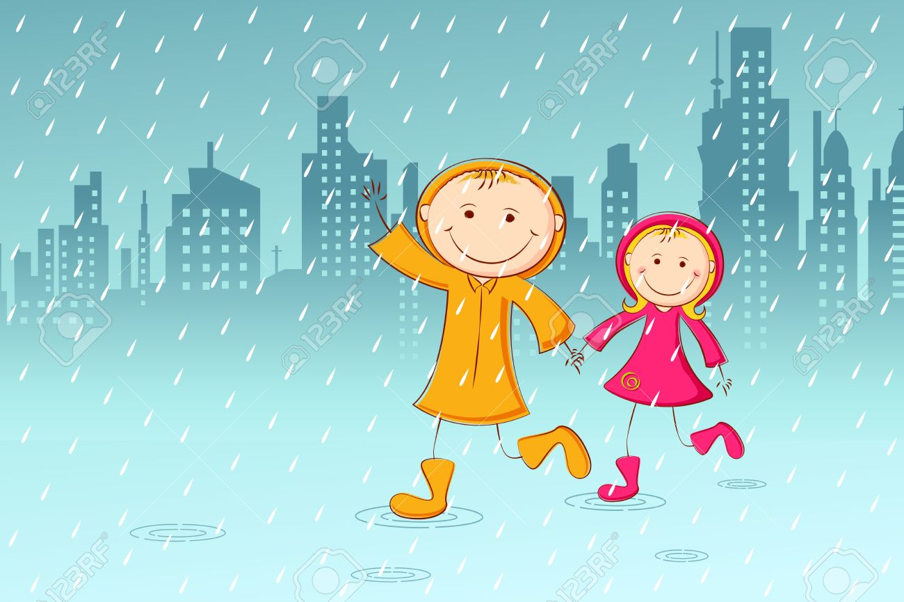 Illustration Of Kids Playing In Rainy Day With Cityscape - Rainy Day Background Clipart - HD Wallpaper 