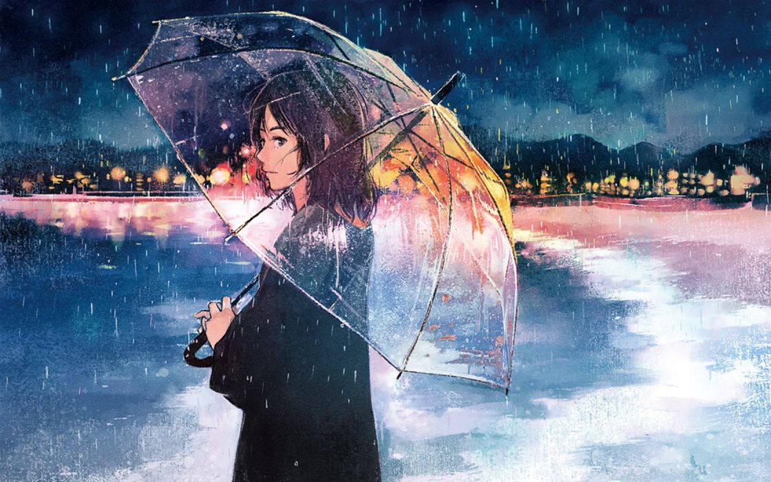 Anime Girl With Umbrella In Rain Wallpaper gambar ke 4