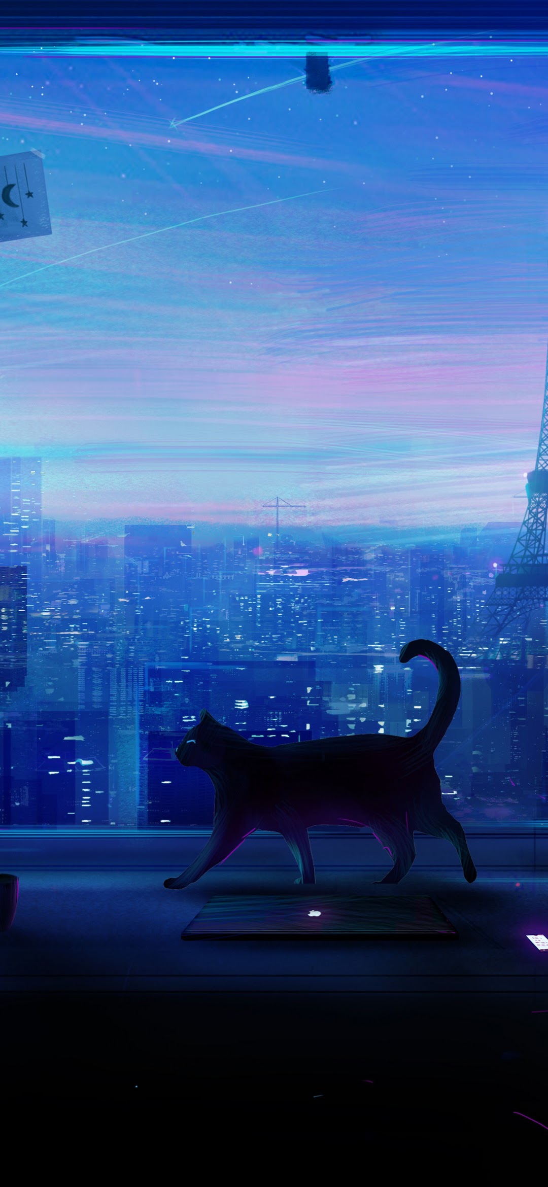 Cat, City, Night, Scenery, Anime, 4k, - Lonely Night Anime - 1080x2340