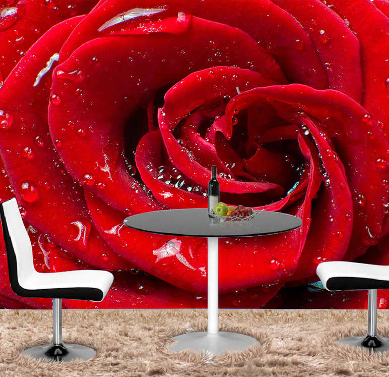 Large 5d Papel Mural Red Rose Flower Water Drops 3d - Red Rose Rug - HD Wallpaper 
