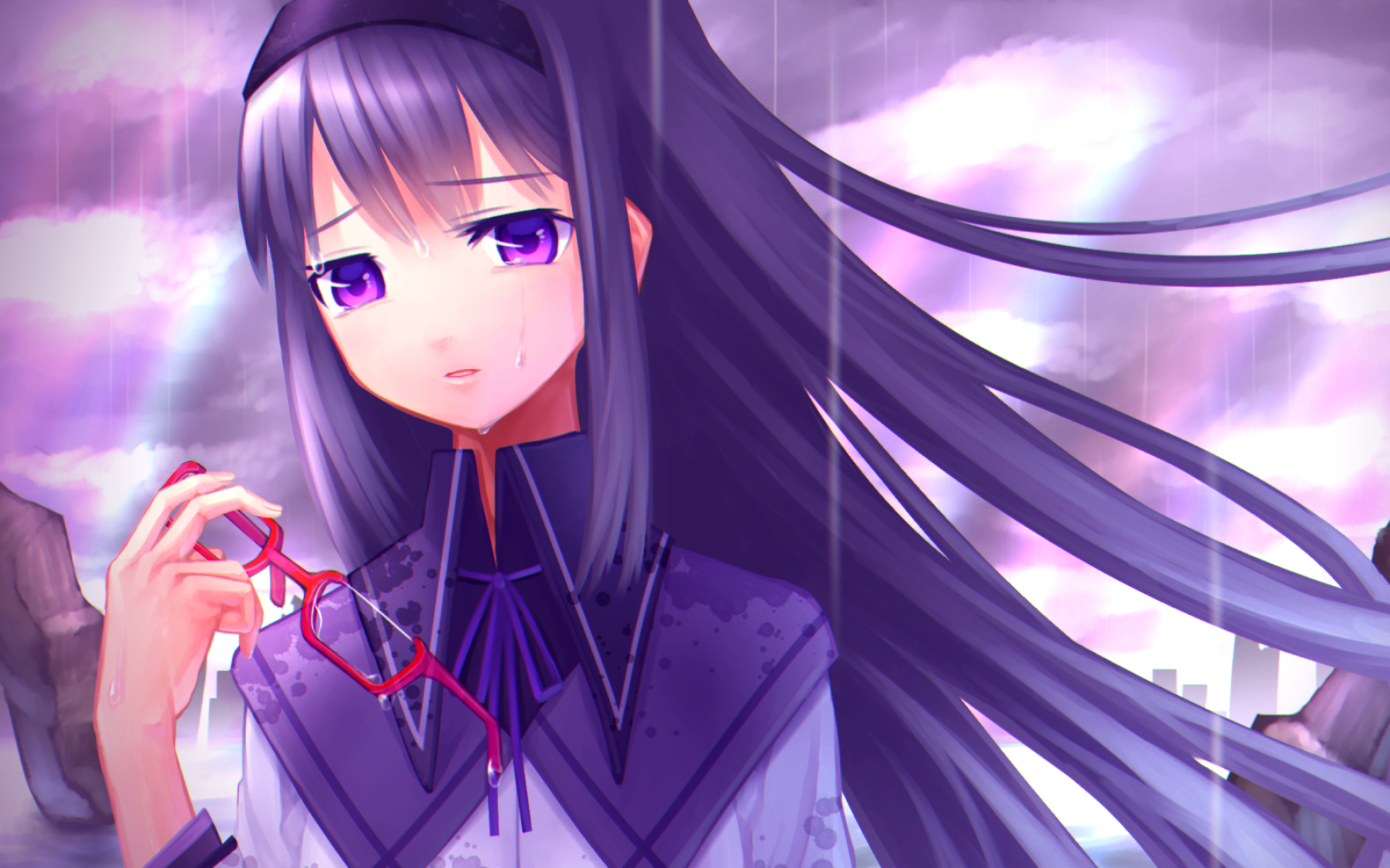 Homura Akemi, Manga, Crying Girl, The Puella Magi, - Fille Manga Cheveux Violets - HD Wallpaper 