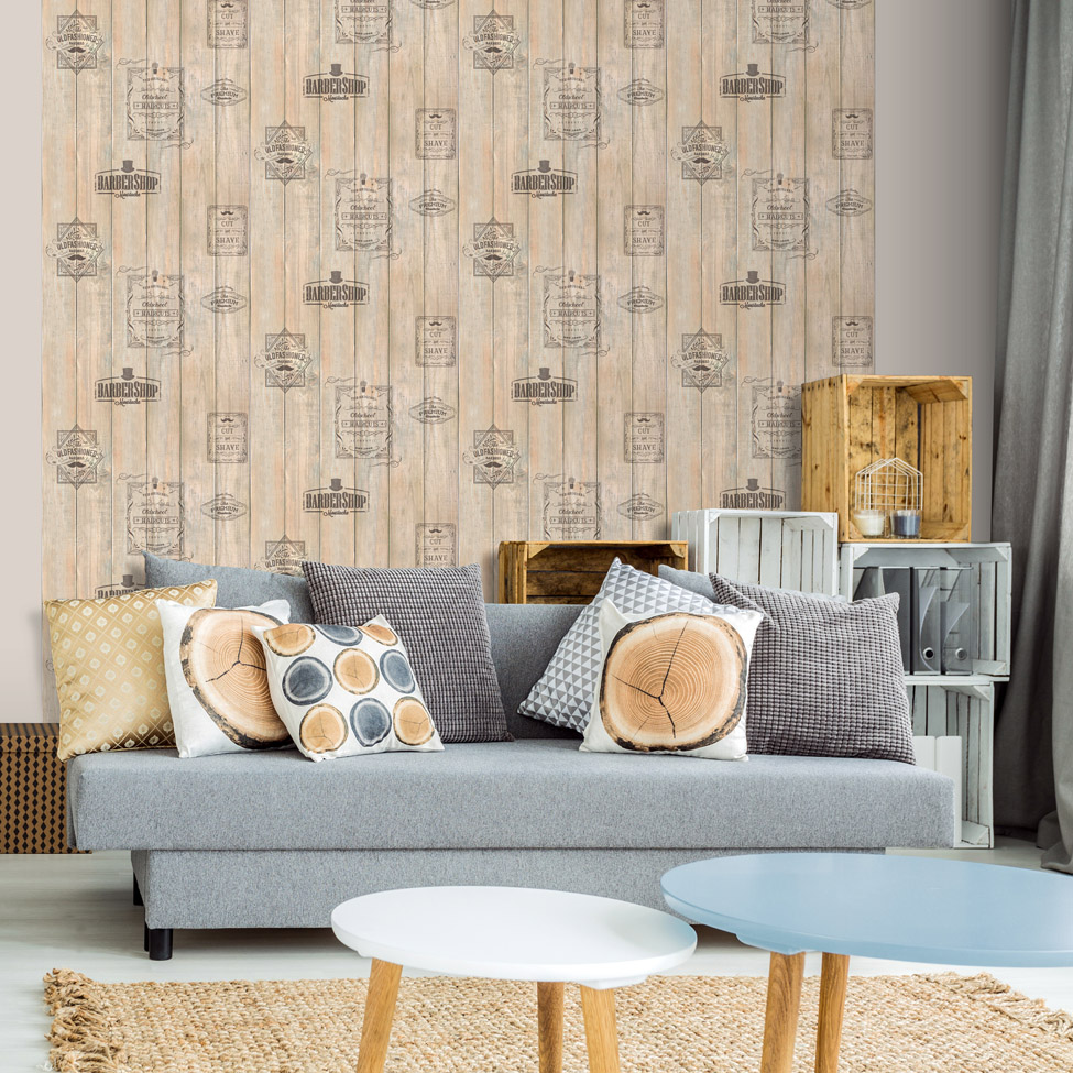 Modern Wallpaper Wooden Barber Shop Muriva 579627 Rs - Grey Cyan Interior - HD Wallpaper 