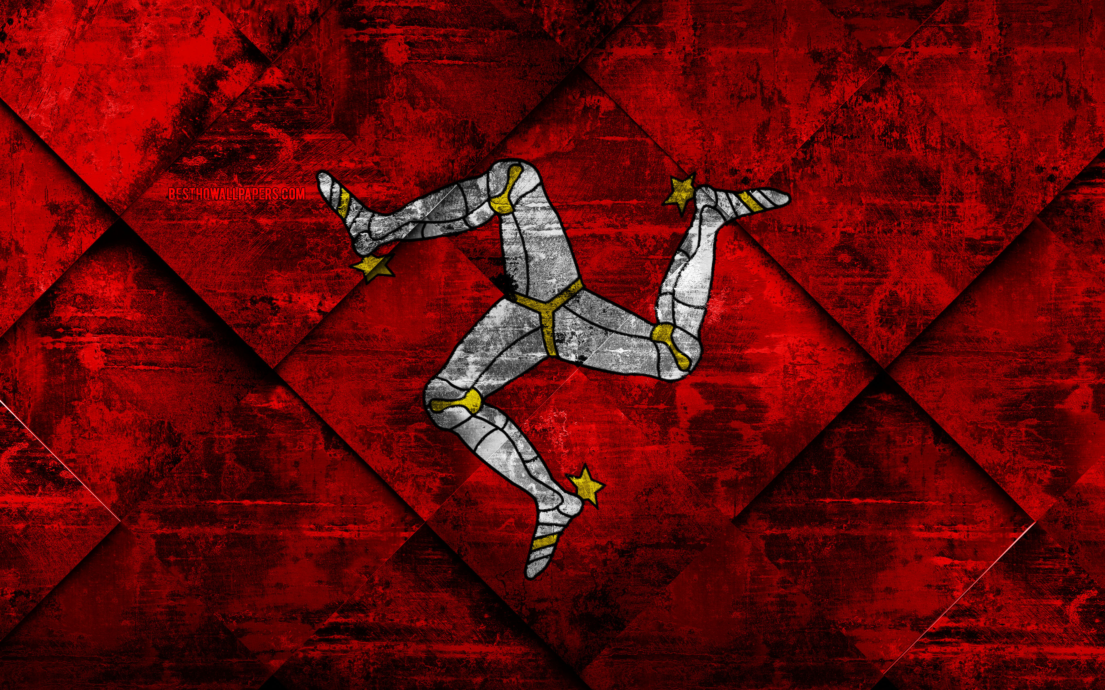 Flag Of Isle Of Man, 4k, Grunge Art, Rhombus Grunge - Bandeira De Angola Png - HD Wallpaper 
