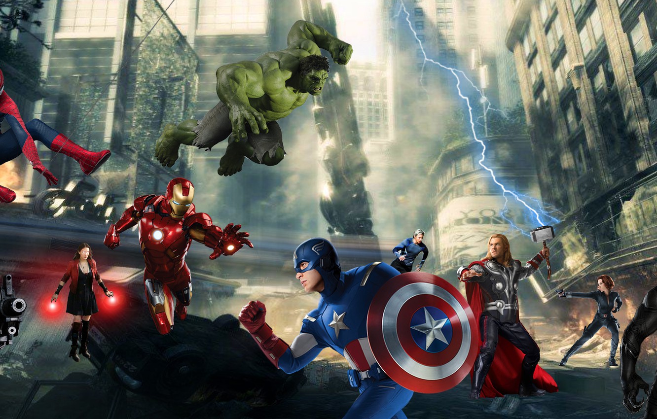 Photo Wallpaper Thor, Hulk, Spider Man, Iron Man, Captain - Spiderman Ironman Hulk Captain America Poze - HD Wallpaper 