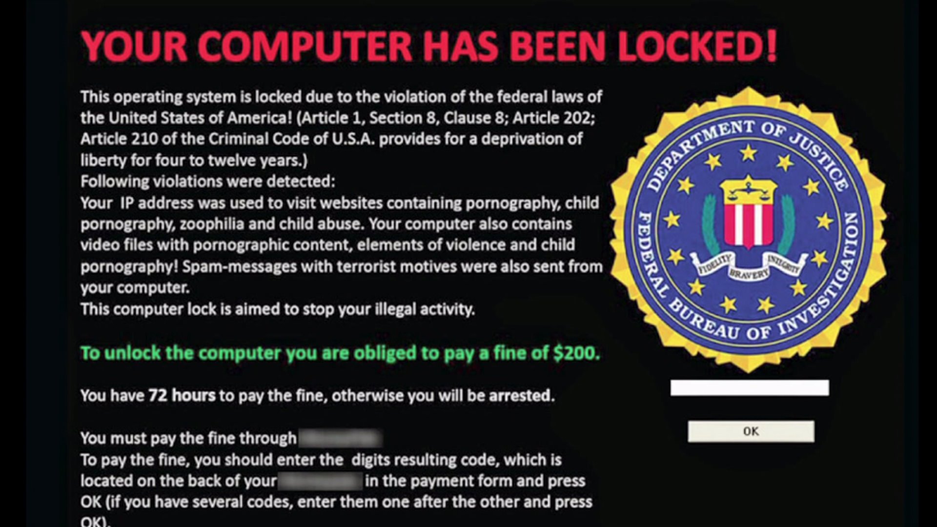 An Example Of Ransomware Which Requires You To Send - Fbi Ransomware - HD Wallpaper 