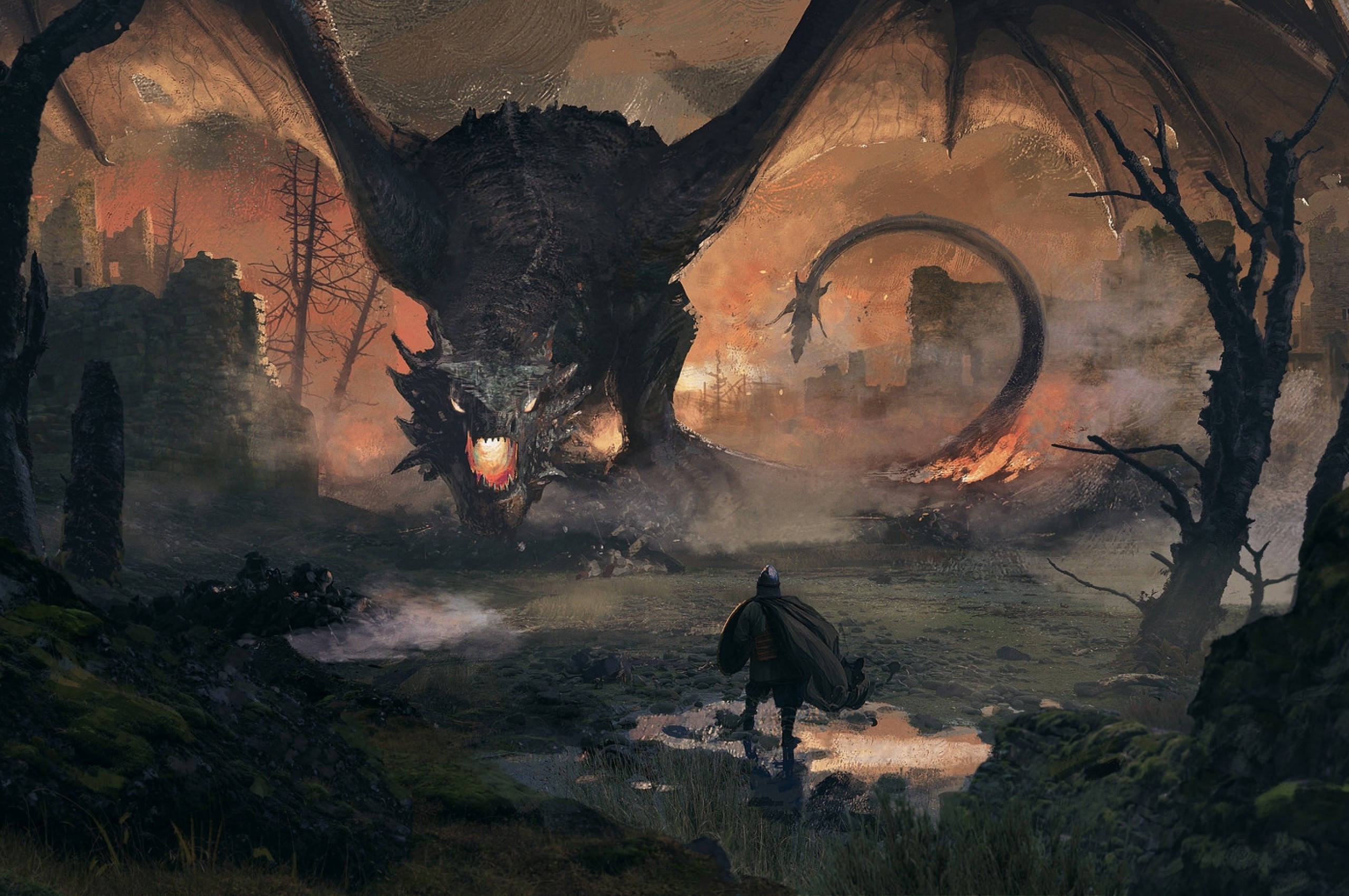 Dragon, Knight, Warrior, Fantasy Creatures, Castle, - Epic Knight Vs Dragons - HD Wallpaper 