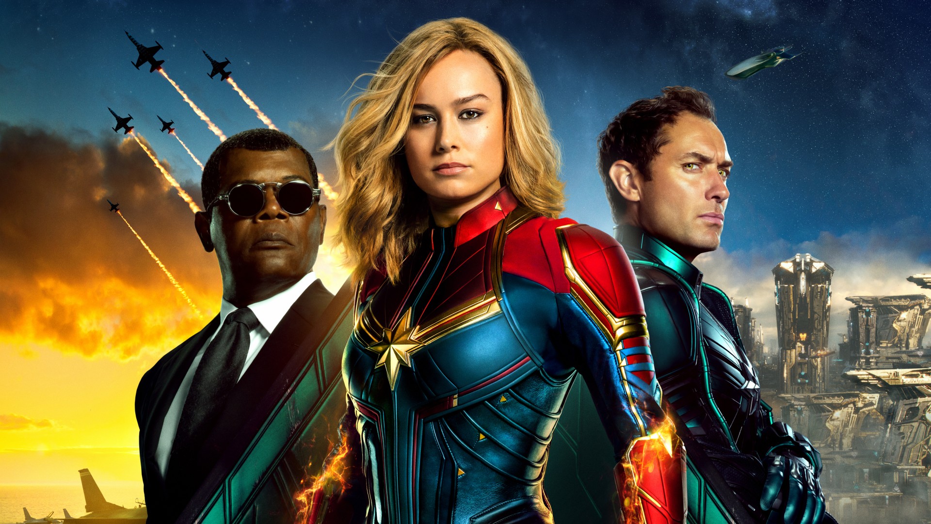 Samuel L Jackson Brie Larson Jude Law In Captain Marvel - HD Wallpaper 