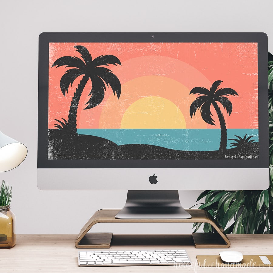 Imac Computer On A Desk With A Summer Digital Background - Imac Mockup Free - HD Wallpaper 