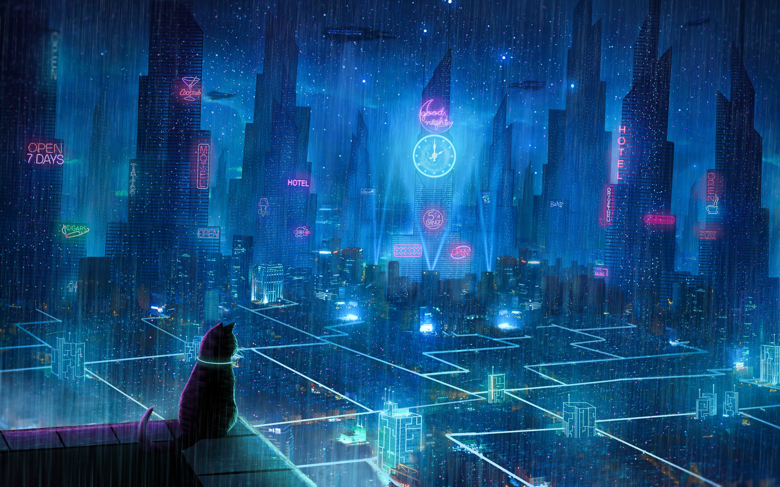 Wallpaper Cat, Roof, City, Neon Lights, Metropolis, - Cyberpunk Обои - HD Wallpaper 