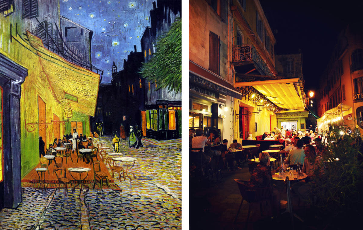 Cafe Terrace At Night, By Vincent Van Gogh, Alongside - Van Gogh Cafe Terrace At Night Real - HD Wallpaper 