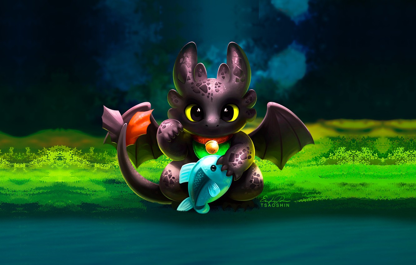 Photo Wallpaper Dragon, Fish, Art, River, How To Train - Cute Stitch And Toothless - HD Wallpaper 