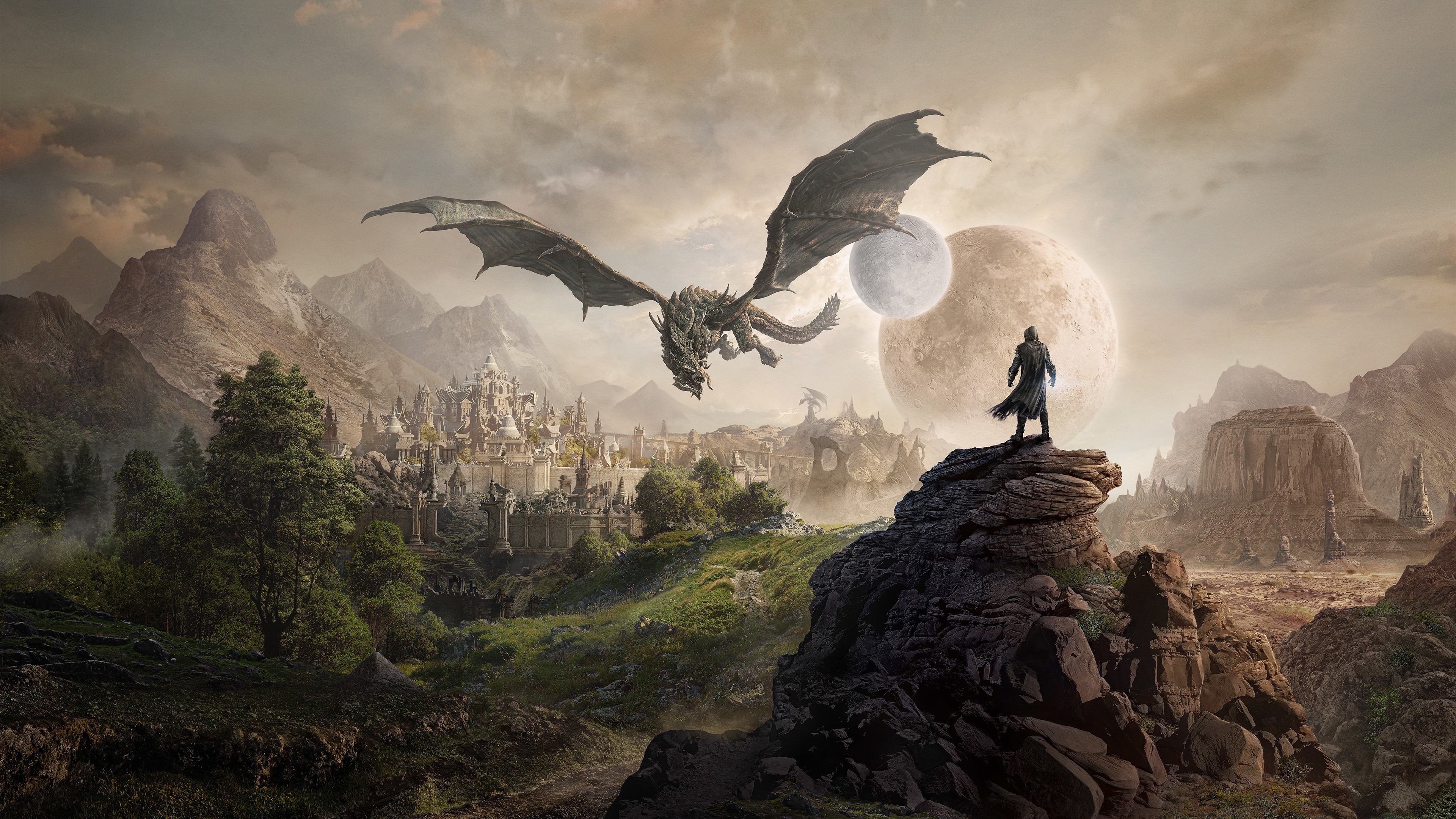 Wallpaper The Elder Scrolls, City, Moon, Planet, Dragon - Elder Scrolls Online Elsweyr - HD Wallpaper 